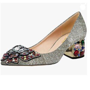 YDN Glitter Pointed Toe Bow Colorful Rhinestone Block Low Heel Butterfly Pumps